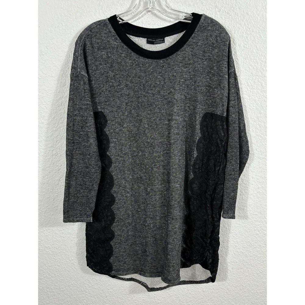 ZARA W&B Collection‎ Sweater Womens Medium Gray Black Lace Panel 3/4 Sleeve Knit
